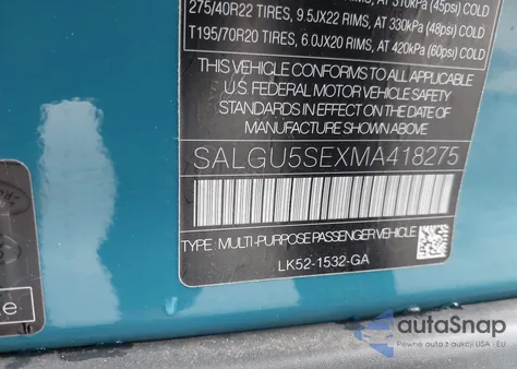 2021 Land Rover Range Rover Fifty из США, поврежденный, VIN SALGU5SEXMA418275